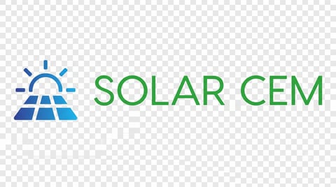 Solar CEM logo with sun and solar panel icon in blue and green text